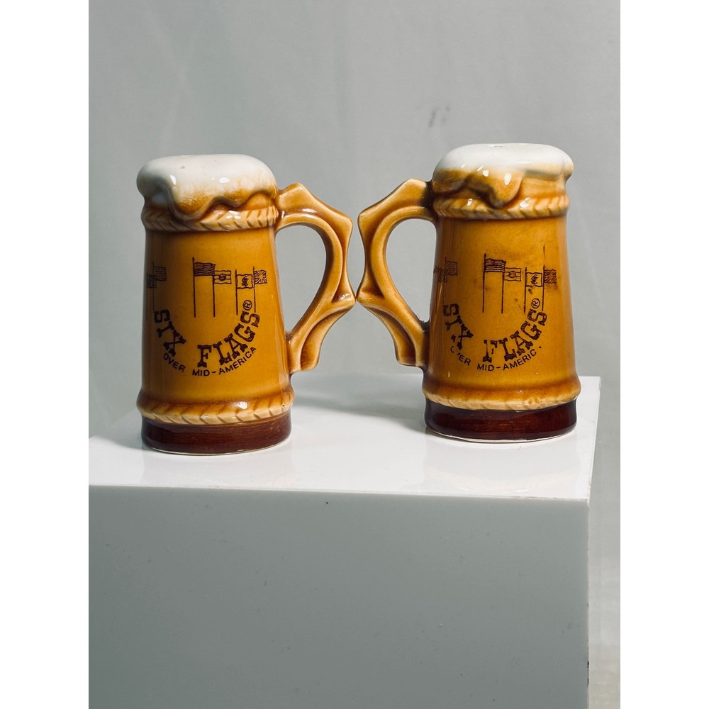 Vintage Six Flags Over Mid-America Beer Stein Salt and Pepper Shakers Ceramic